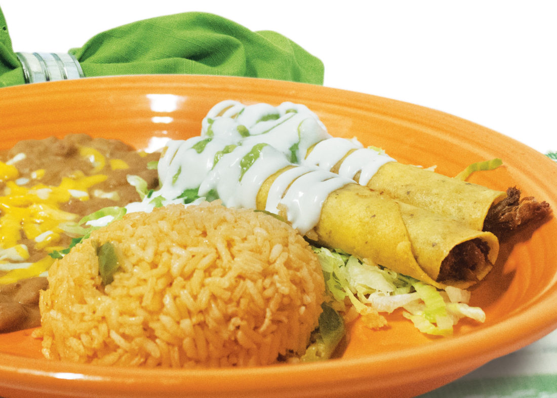 beef flautas served with rice and beans